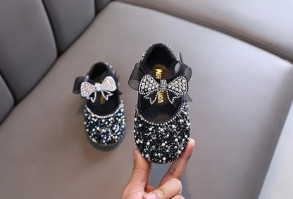 AINYFU New Children's Sequined Leather Shoes Girls Princess Rhinestone Bowknot Single Shoes 2024 Fashion Baby Kids Wedding Shoes