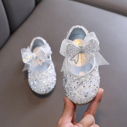 AINYFU New Children's Sequined Leather Shoes Girls Princess Rhinestone Bowknot Single Shoes 2024 Fashion Baby Kids Wedding Shoes