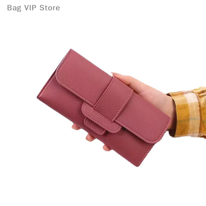 Solid Color PU Leather Women Wallet Luxury Long Hasp Fold-over Pattern Coin Purses Female Thin Clutch Phone Storage Bag Handbag