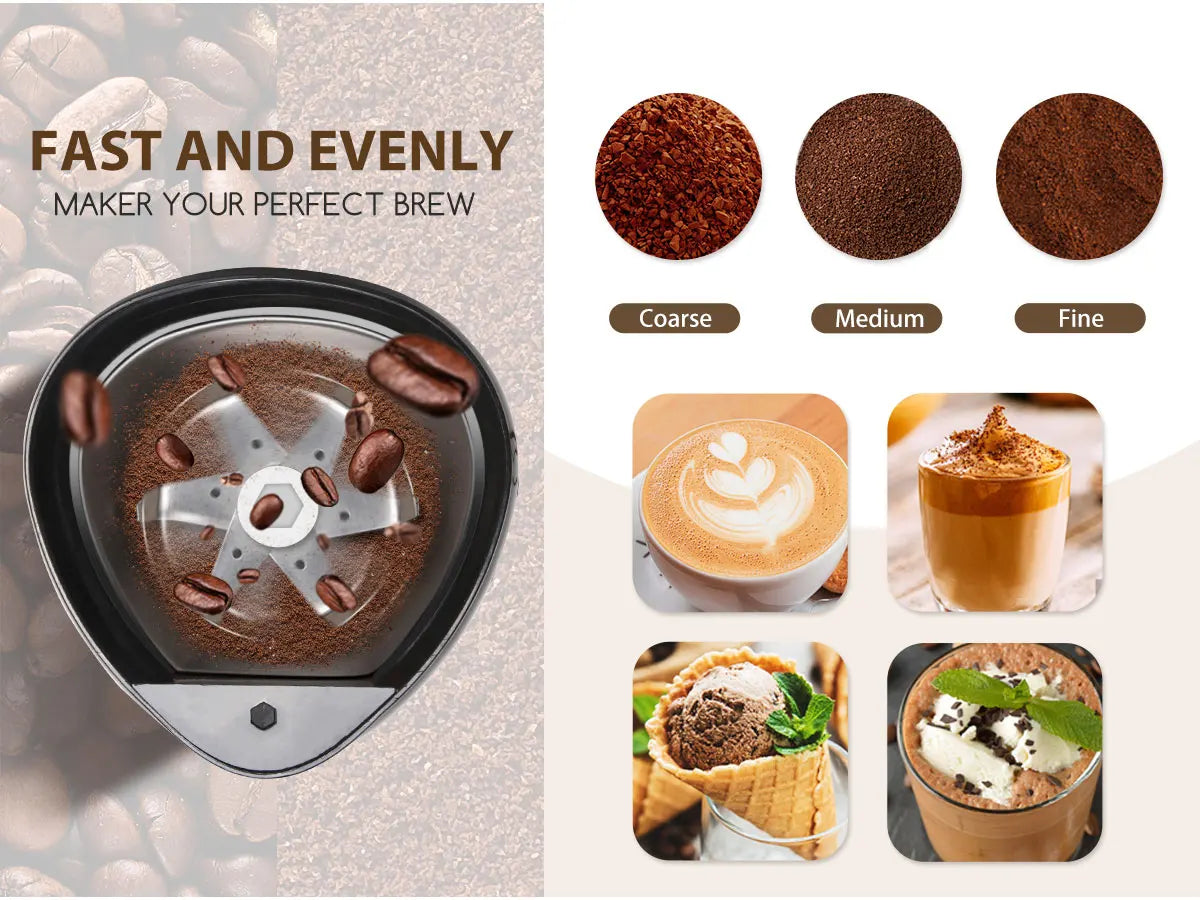 Electric Coffee Grinder with Stainless Steel Blade, Capacity 60Gr, Coffee Grinder for Spices, Seeds, Grains, Nuts, with Cleaning Brush, 200W, Black