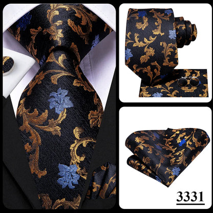 Hi-Tie Black Floral Silk Wedding Tie For Men Handky Cufflink Elegant Necktie For Men Fashion Designer Business Party Dropshiping