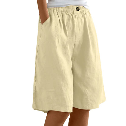 Women's Fashion Solid Color Pants Pocket Button Up Capris Loose Elastic Waist Cotton Linen Shorts