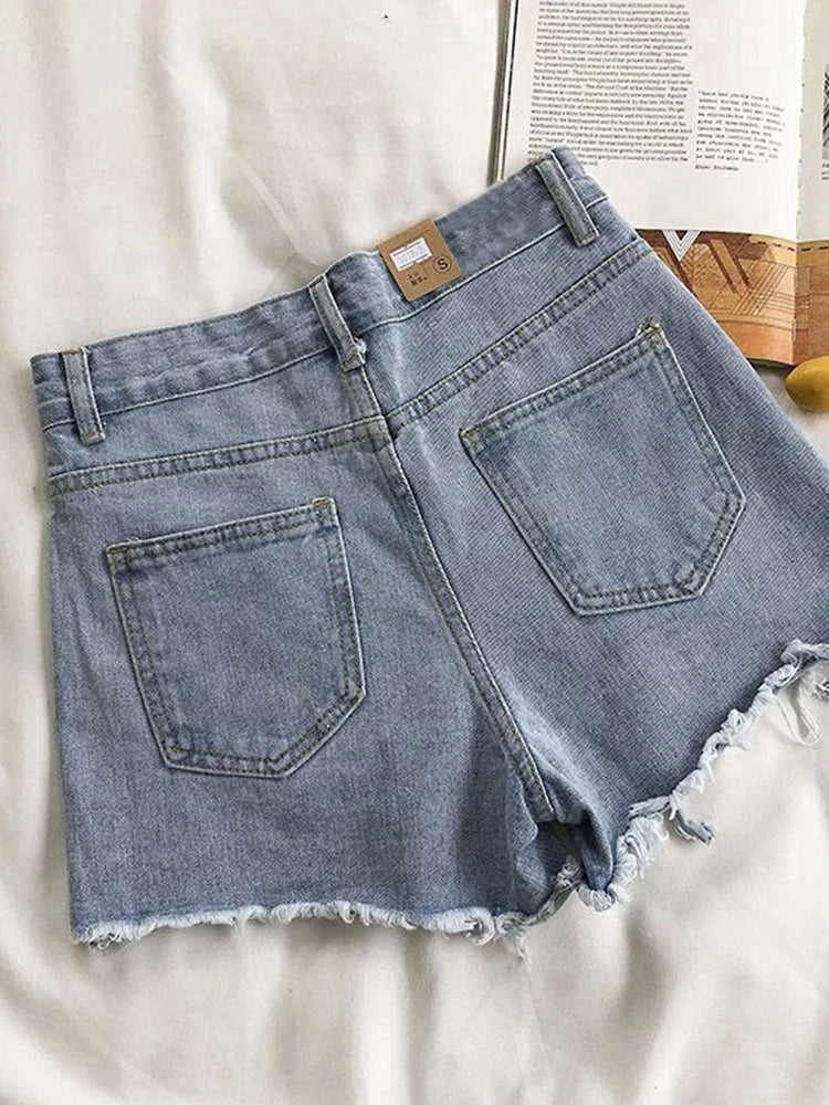 Women's Ripped Jeans Short Pants, Casual High Waist Denim Shorts, Female Clothing, Summer Pocket Hole, 2023