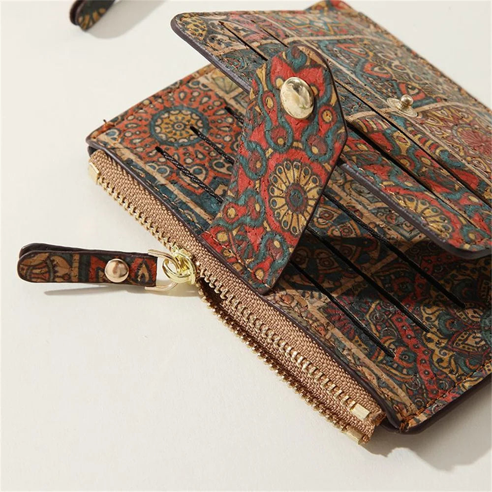 Retro Printed Card Holder Wallet For Woman Multi-Slot Card Case Cork Ultra Thin Zipper Coin Purse Small Change Pocket Pouch