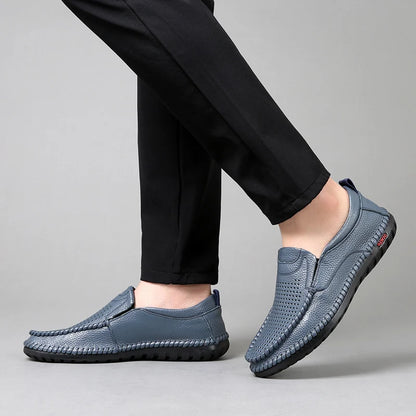 Breathable Genuine Leather Men Shoes Summer Slip On Loafers Men Casual Leather Shoes Blue Flats Hot Sale Driving Shoes Moccasins