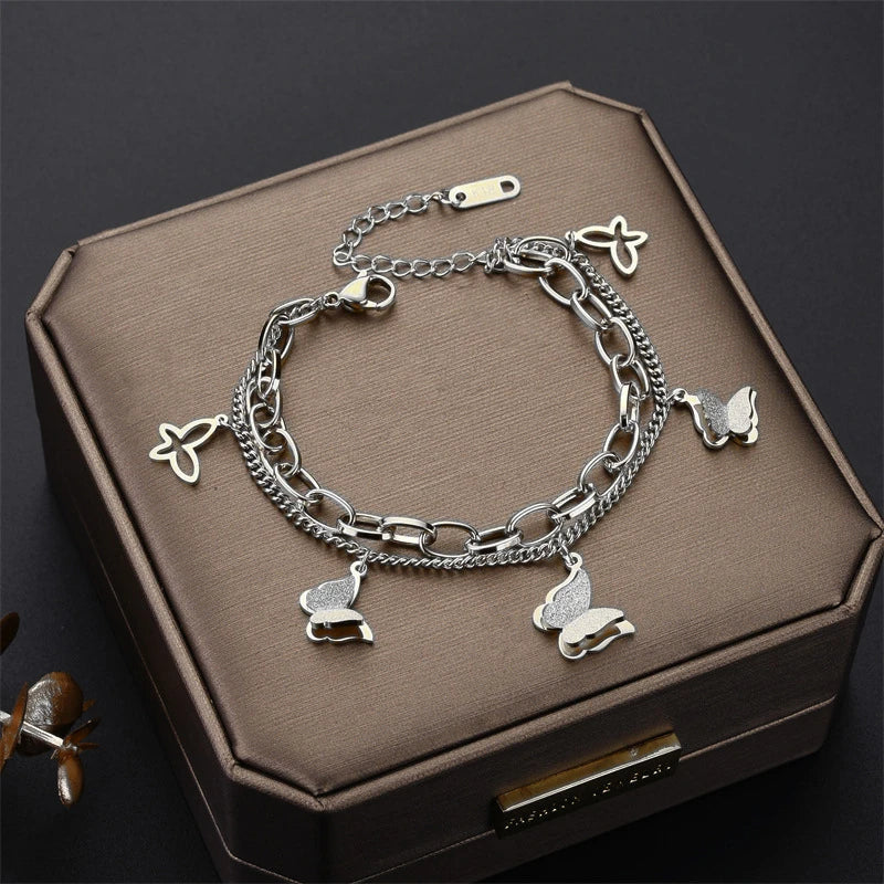 Kuziduocai Statement 316L Stainless Steel New Fashion Jewelry Elegant Style Many Butterflys Charm Thick Chain Bracelet For Women