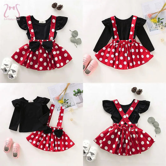 2Pcs/Set Cartoon Polka Dot Baby Girl Evening Dresses Bow Kids Birthday Party Princess Toddler Children Clothes Suit 0 To 4 Years