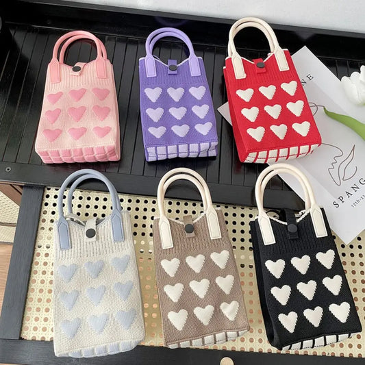 Knitted Mini Mobile Phone Bag Female Korean Version Sweet Love Shoulder Handbag Hand Bag Purses and Handbag