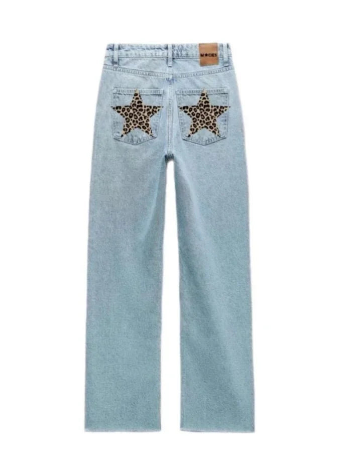 Womens American Leopard Five Pointed Star Jeans Y2K Harajuku Hip Hop Embroidery Retro Blue Baggy Jeans High Waist Slim Pants