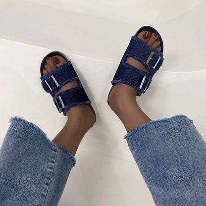 Women's Slippers Flat Bottom Slipper 2023 Summer New Line Slippers Large 43 Denim Leather Buckle Outside Sandals Sandalias