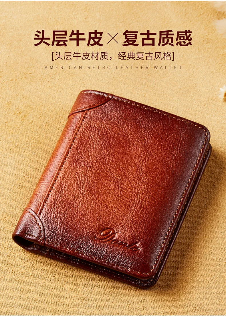 Dante Leather Men's Wallets RFID Anti-theft Brush Degaus Head Layer Cowhide Retro Casual Vertical Money Bag Money Two fold Clips