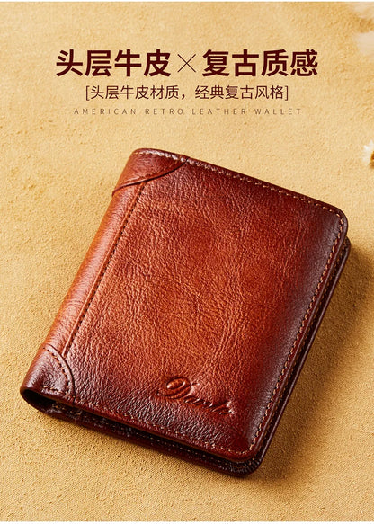 Dante Leather Men's Wallets RFID Anti-theft Brush Degaus Head Layer Cowhide Retro Casual Vertical Money Bag Money Two fold Clips