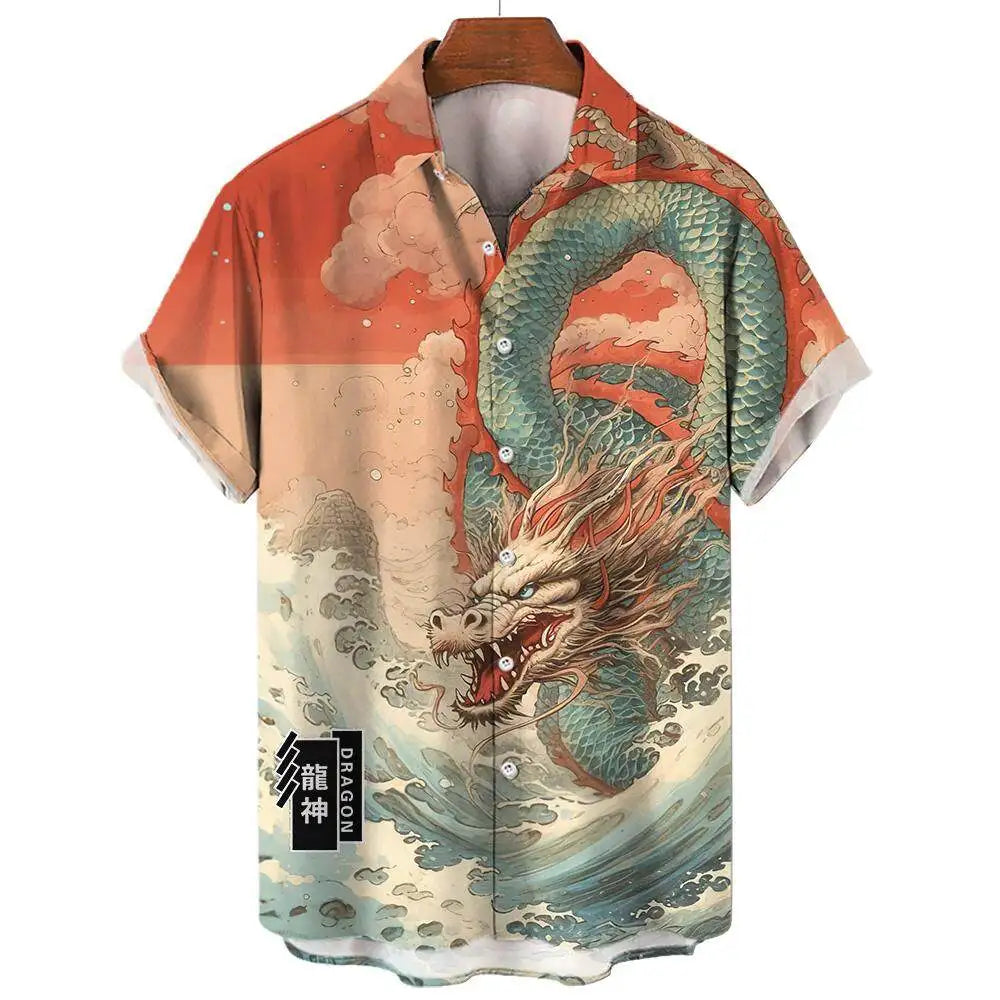 Chinese Mythology Dragon Print Summer Men's Casual Short-sleeved Shirt Street Hip-hop Trend Tops Oversized T-shirt Size S-5XL