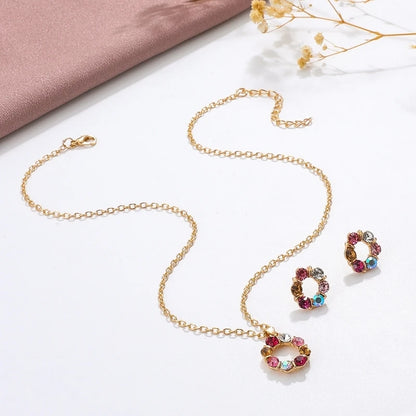 3pcs Gold Necklace Earrings Set Ladies Celebrity Simple Fashion Style Exquisite Stained Glass Diamond Circle Shape Jewelry