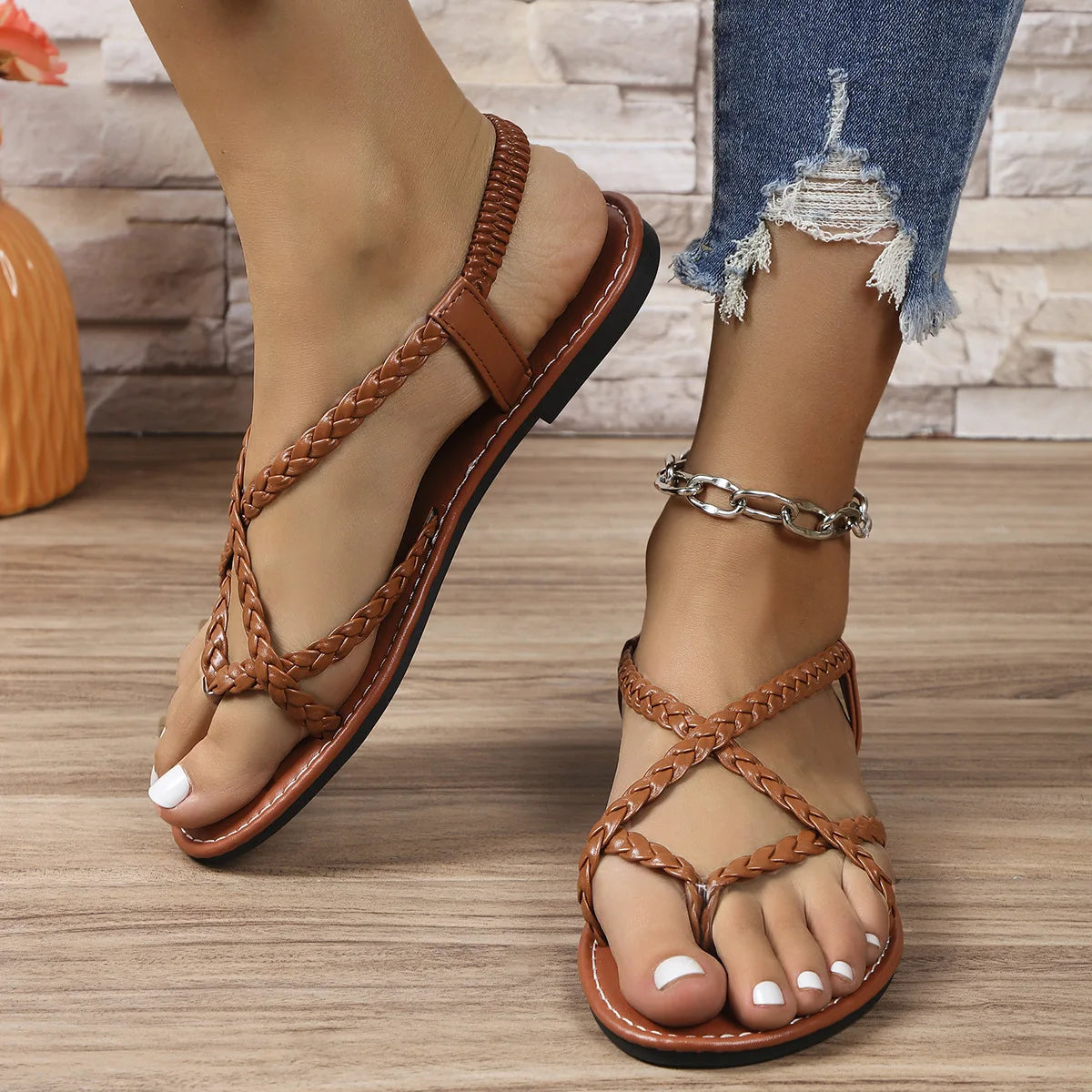 Flat Sandals, New Summer 2024 Solid Color Woven Herculean Flip-toe Sandals, Women Wear Beach Sandals