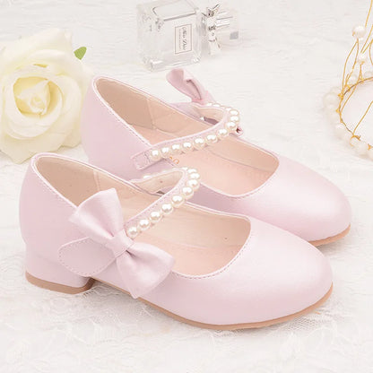 White Bow Spring and Autumn Girls High Heel Princess Shoes Pearl Tide Pumps