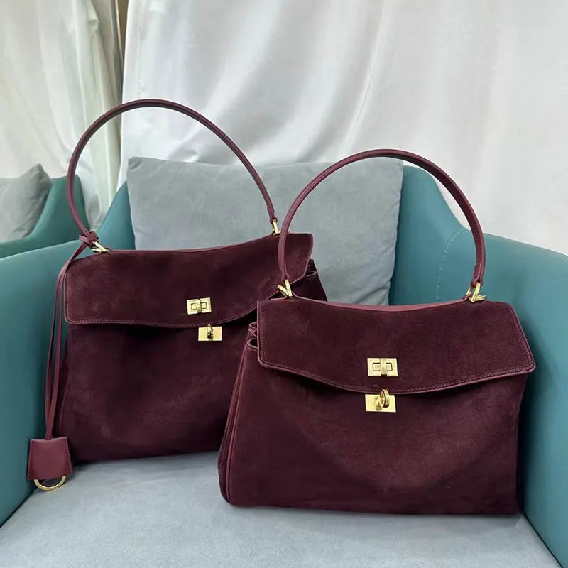 Burgundy Genuine Leather Luxury Shoulder Bag Suede High Quality Large Capacity Casual Crossbody Tote Handbag Ladies Purse