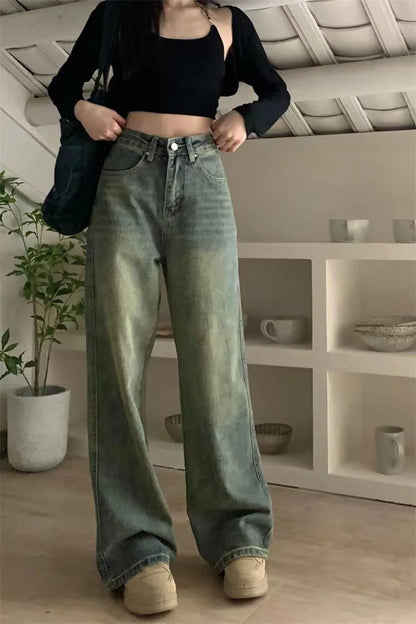 Vintage 90S Baggy Straight Denim Trousers Female Y2K High Waist Loose Wide Leg Jeans Women Streetwear All-Match Casual Pants New