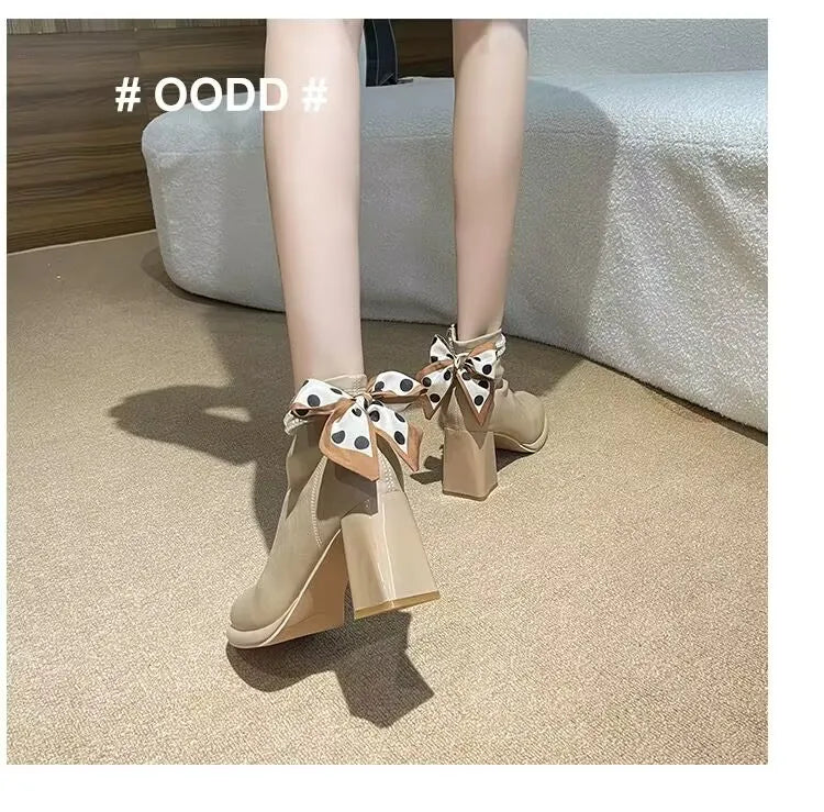 Chelsea Bow Bead Chunky Boots Women Sexy High Heels Shoes New Trend 2023 Winter Square Toe Ankle Boots Pumps Motorcycle Botas