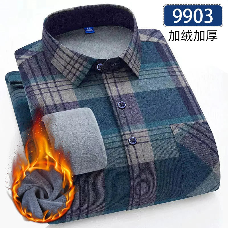 New 5XL men's shirt autumn and winter plus fleece thickened warm long sleeve non-ironing plaid business casual slim-fit fashion