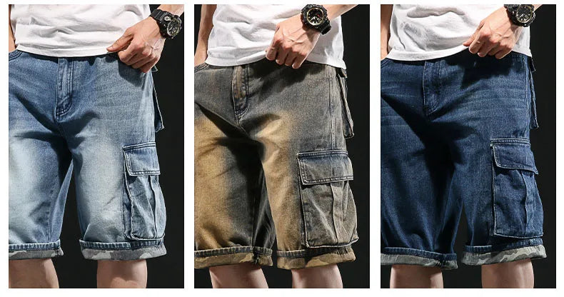 Men's Wide-leg Denim Shorts Multi Pocket 7 Point Work Cargo Jeans Shorts Fat Plus Size Denim Shorts Male