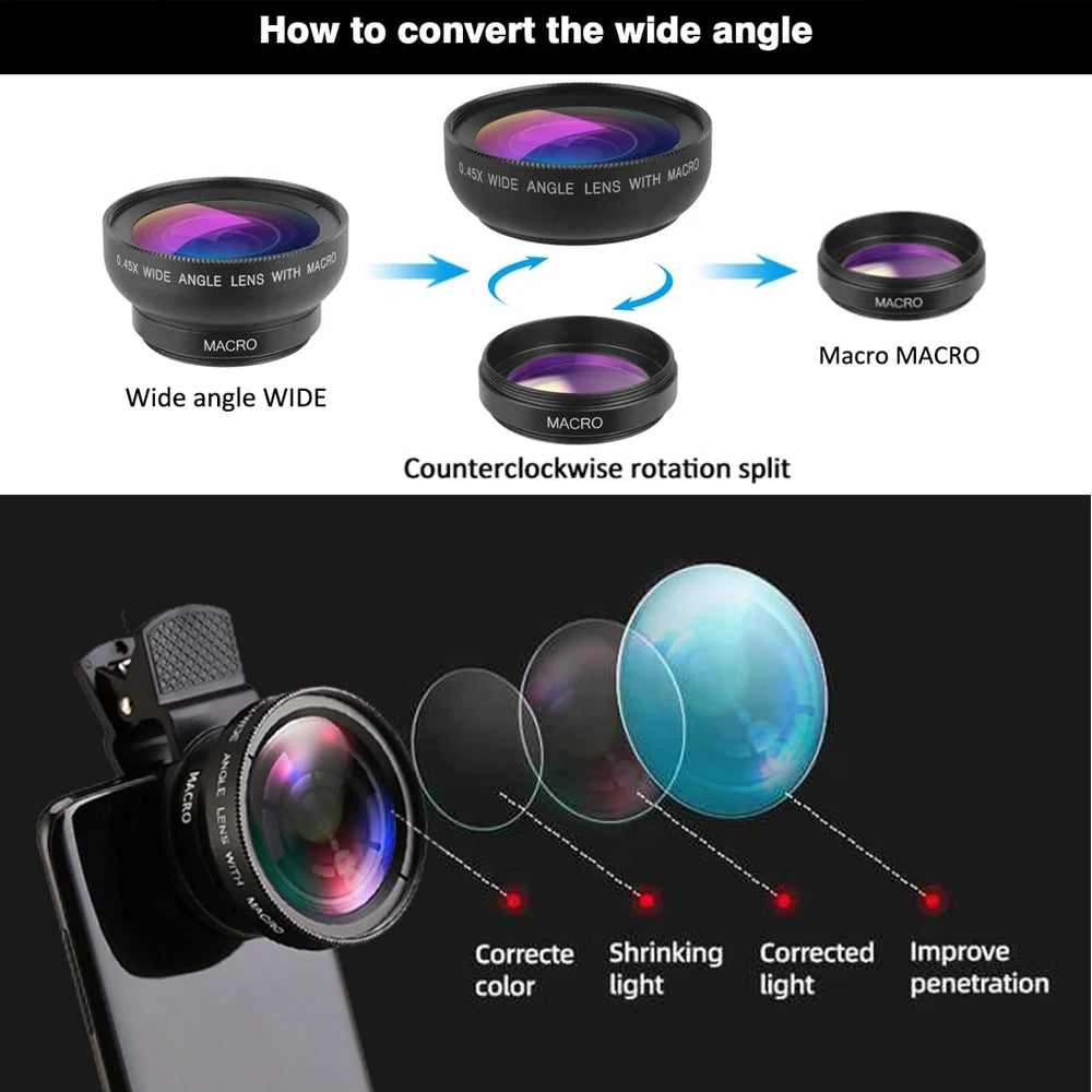 2 in1 Phone Lens 0.45x 49uv Super Wide Angle Macro Lens for iPhone 14 13 15 HUAWEI Xiaomi Smartphone Lenses with 37mm Phone Clip