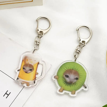 Food Cat Head Expression Keychain Popular Schoolbag Mobile Phone Pendant  Acrylic Fun Gift For Students Keyring Accessories