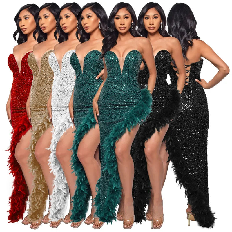 Women Evening Dresses Asymmetrical Shiny Sequins Feather Cocktail Party Dress Sexy Strapless Long Formal Prom Dresses Xiny189