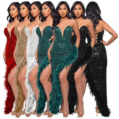 Women Evening Dresses Asymmetrical Shiny Sequins Feather Cocktail Party Dress Sexy Strapless Long Formal Prom Dresses Xiny189