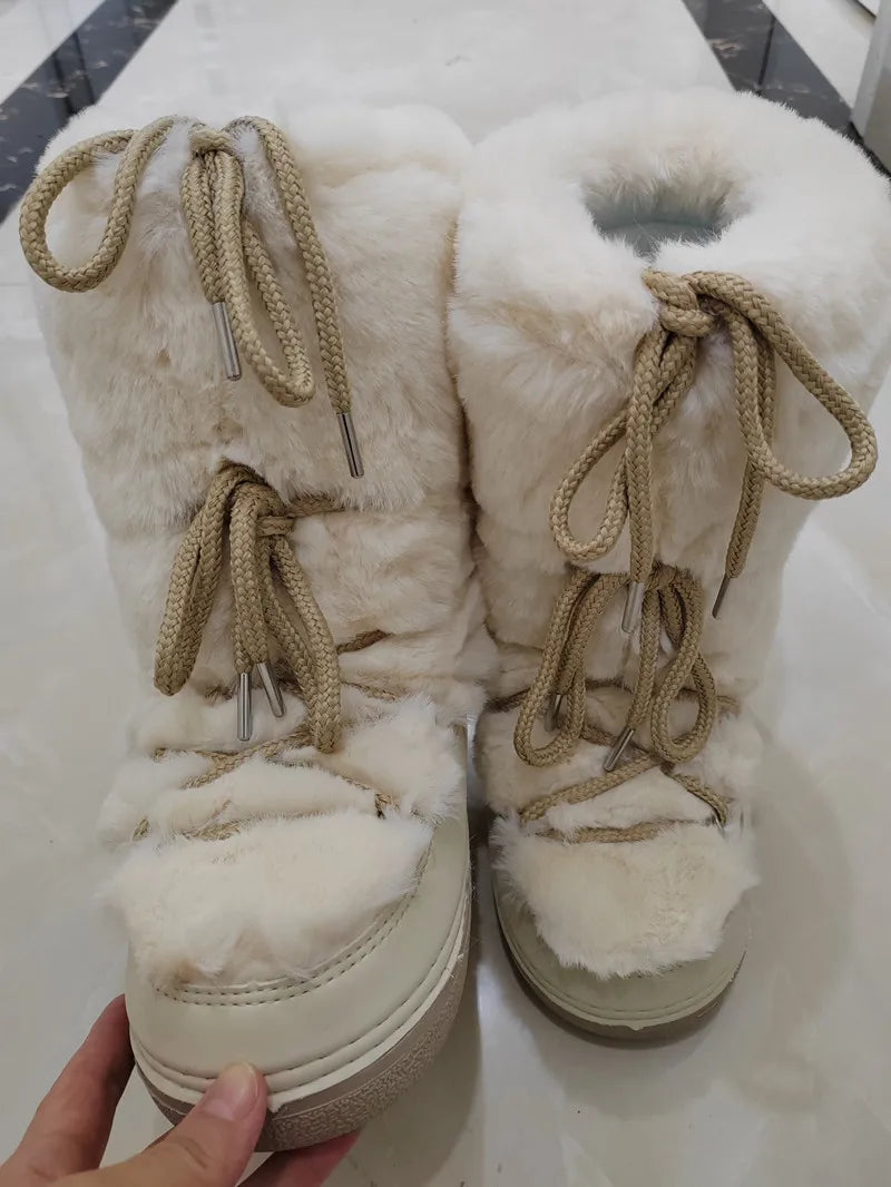 Fluffy Fur Boots 2024 Winter Fashion Sexy Faux Fox Fur Snow Boots Ladies Furry Warm Cotton Boots Female Outdoor Ski Boots