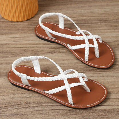 Flat Sandals, New Summer 2024 Solid Color Woven Herculean Flip-toe Sandals, Women Wear Beach Sandals