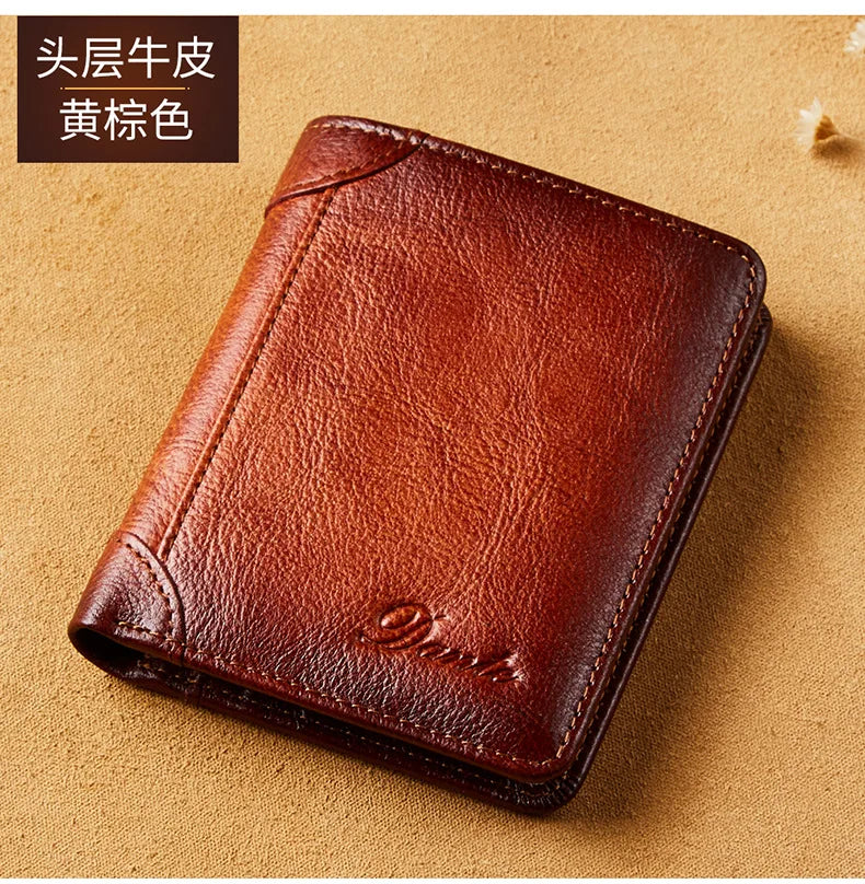 Dante Leather Men's Wallets RFID Anti-theft Brush Degaus Head Layer Cowhide Retro Casual Vertical Money Bag Money Two fold Clips