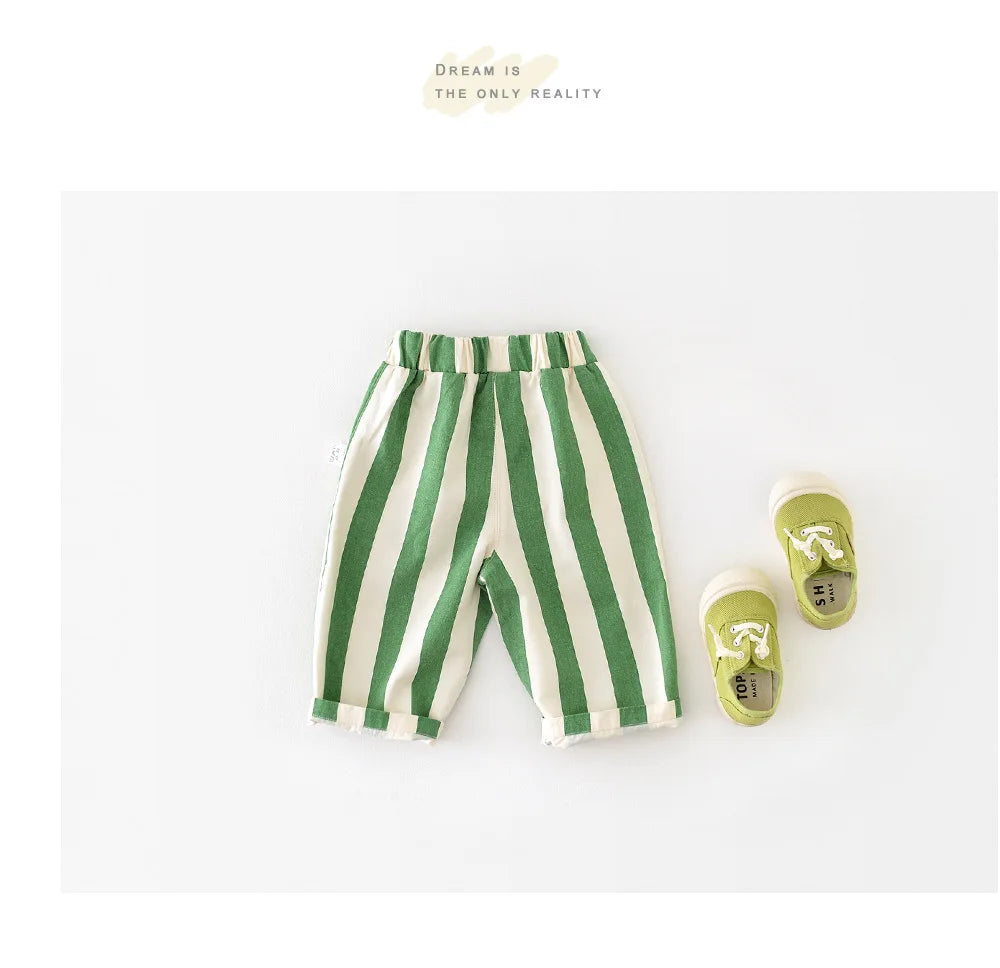 2024 Spring Boy Girl Children Loose Strped Casual Pants Baby Pockets Fashion Pants Kid Outdoor Cotton Trousers Toddler Costume