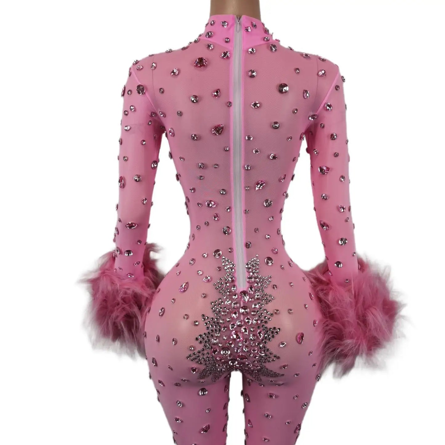 Shiny Pink Mesh Transparent Jumpsuit Sexy Hairy Designe Birthday Outfit Singer Dancer Performance Costume Stage Wear Guibin