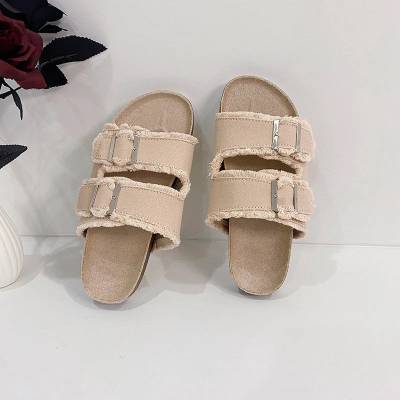 Women's Slippers Flat Bottom Slipper 2023 Summer New Line Slippers Large 43 Denim Leather Buckle Outside Sandals Sandalias