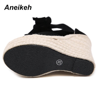 Aneikeh Women Summer Butterfly Knot Open Toe Sandals Fashion Platform High Heel Wedge Lace-Up Ankle Bowtie Dress Shoes 35-40