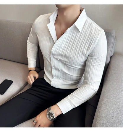 British Style Men Double Breasted Shirt 2023 Autumn New Long Sleeved Striped Slim Fit Shirts Formal Business Social Party Tuxedo