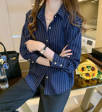 Striped Shirt Women Summer Vintage Chic Loose Long Sleeve Top Y2K Office Ladies Fashion Casual Turn Down Collar All Match Blouse