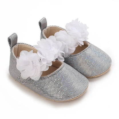 Silver Princess Shoes 0-18M Newborn Casual Shoes Baby Bow Non slip Cloth Bottom Flat Bottom PU Newborn Bow Decoration Mary Janes