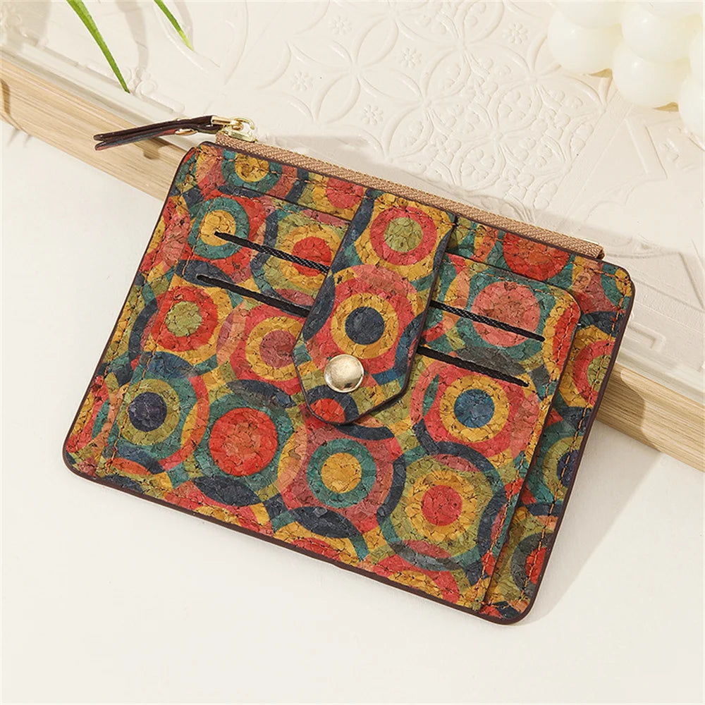 Retro Printed Card Holder Wallet For Woman Multi-Slot Card Case Cork Ultra Thin Zipper Coin Purse Small Change Pocket Pouch