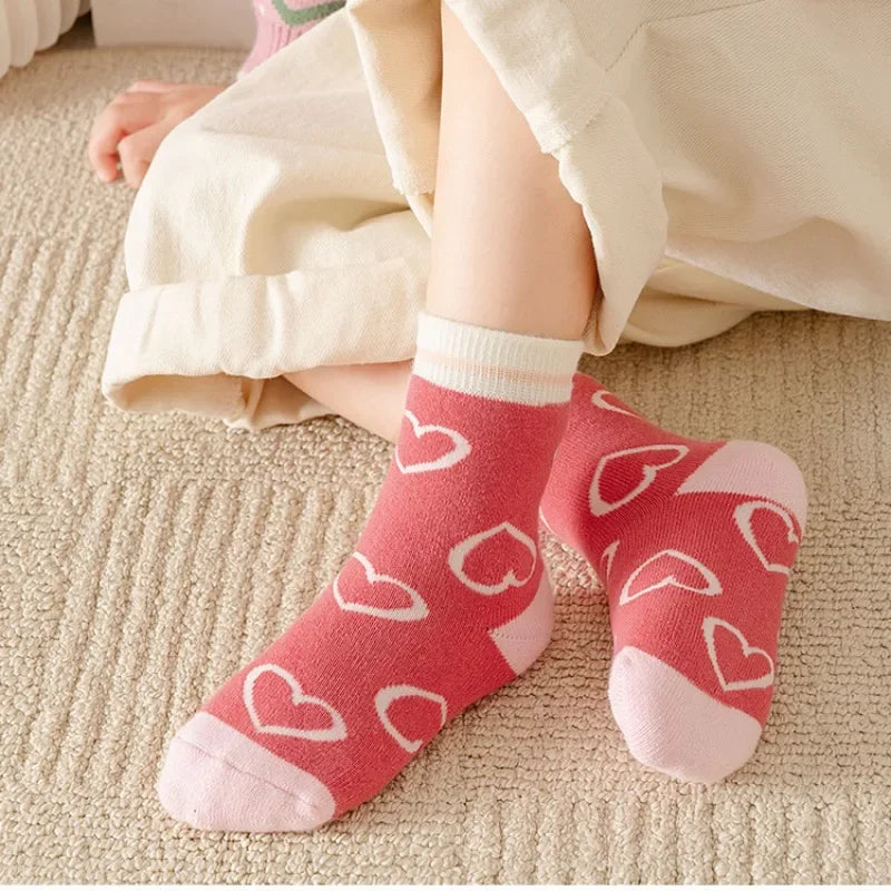 5 Pairs/Lot Kids Soft Cotton Socks Korean Love Heart Flower Print Baby Girl Socks Autumn Winter Warm Children Middle Tube Socks