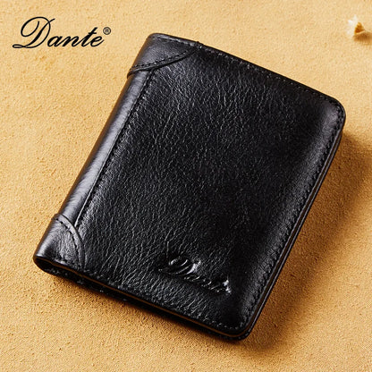 Dante Leather Men's Wallets RFID Anti-theft Brush Degaus Head Layer Cowhide Retro Casual Vertical Money Bag Money Two fold Clips