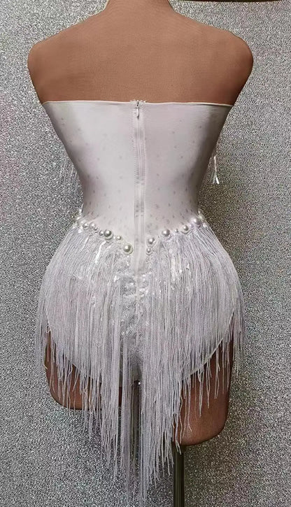 Sparkly White Pearls Fringes Leotard Sexy Tassel Bodysuit Jazz Dance Costume One-piece Stage Wear Dancer Performance Show Shuye