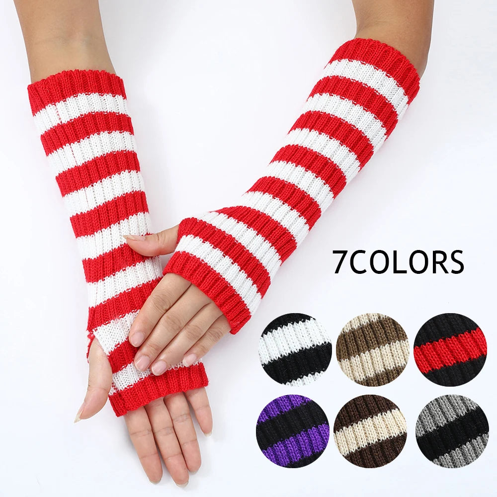 Women's Knitted Fingerless Arm Sleeves Gothic Style Striped Winter Long Arm Warmers Girls Harajuku Y2K Fashion Wrist Gloves