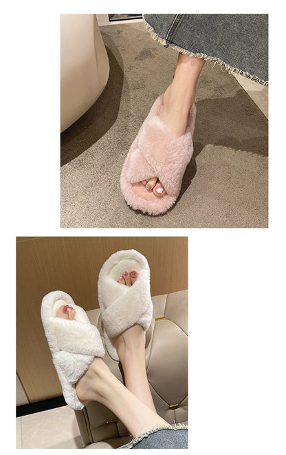 Casual Fluffy Slippers Women House Flats Plush Designer Platform Winter Shoes Girls Elegant Warm Home Fashion Popular Footwear