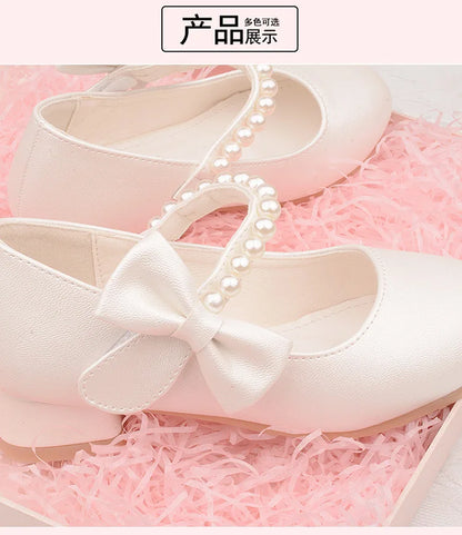 White Bow Spring and Autumn Girls High Heel Princess Shoes Pearl Tide Pumps