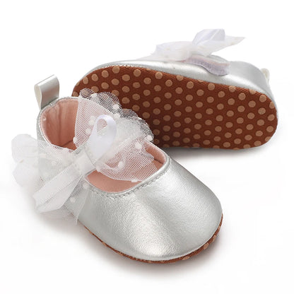 Silver Princess Shoes 0-18M Newborn Casual Shoes Baby Bow Non slip Cloth Bottom Flat Bottom PU Newborn Bow Decoration Mary Janes