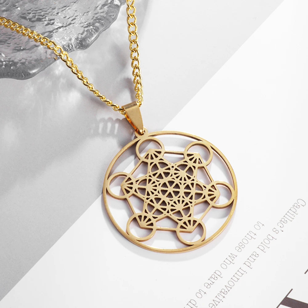 YILUOCD Vintage Metatron Cube Necklace 18k Gold Plated Sacred Geometry Powerful Protection Amulet Solomon Spiritual Jewelry