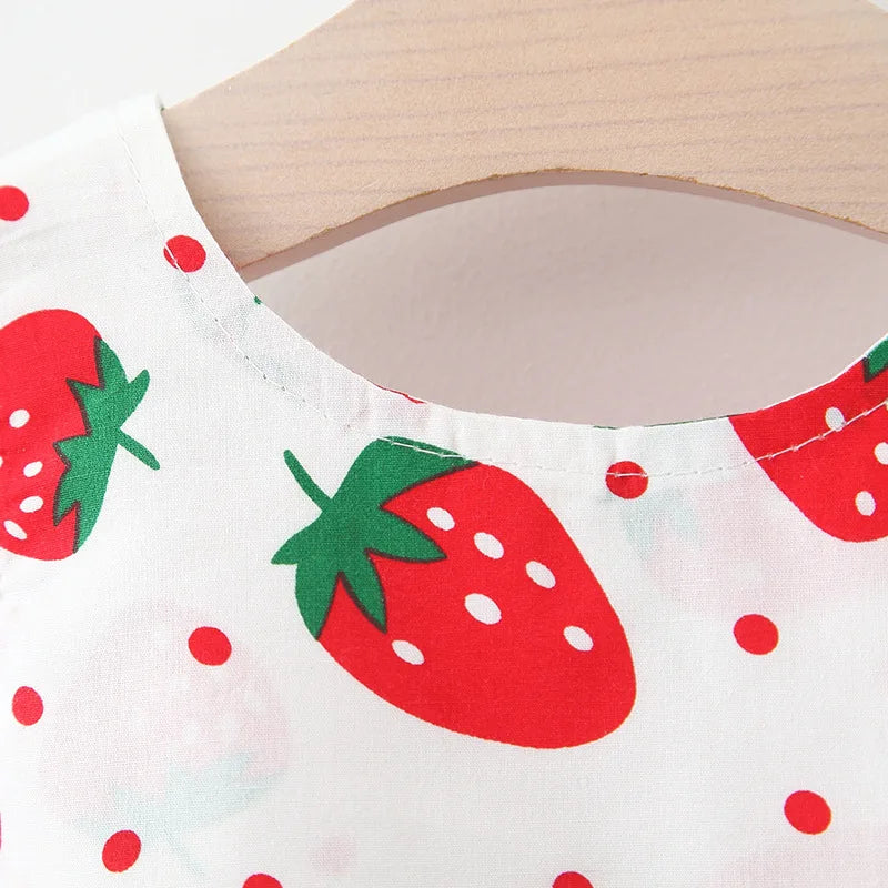 Baby Dress 2024 Summer New Girl's Sweet Bow Dress Children's Strawberry Print Small Fresh Casual Dress+Hat Children's Wear