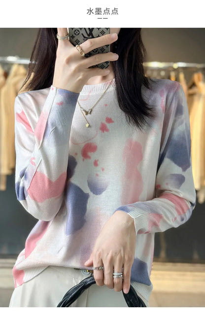 Autumn And Winter New Worsted Wool And Mulberry Silk Printed Round Neck Sweater Fashion Joker Knit Loose Bottoming Shirt Top